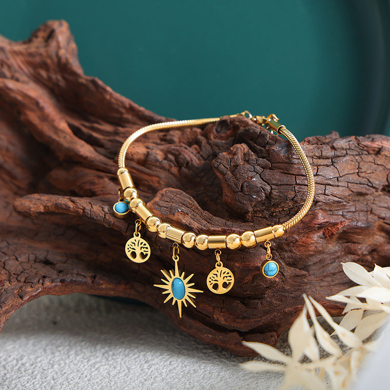 Turquoise Necklace - Vintage Sunflower Pendant, Layered Fashion Choker for Daily Wear