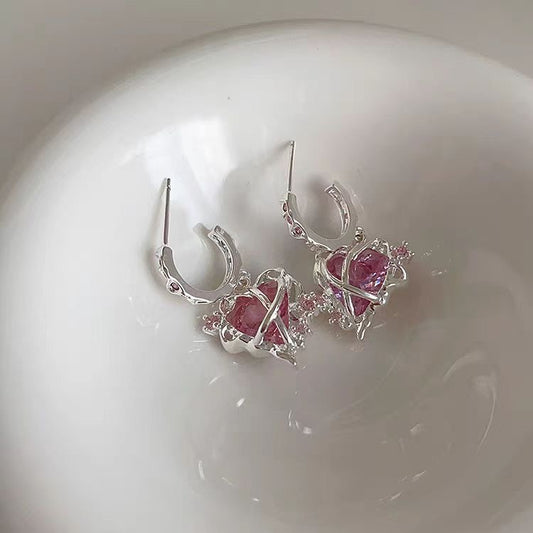 Suklaur Pink Zircon Heart Stud Earrings– Dainty Luxury Style