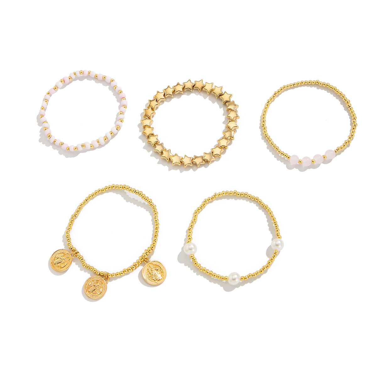 Boho Jewelry Set - Layered Elastic Beaded Bracelet with Star and Pearl Charms, Chic for School or Date