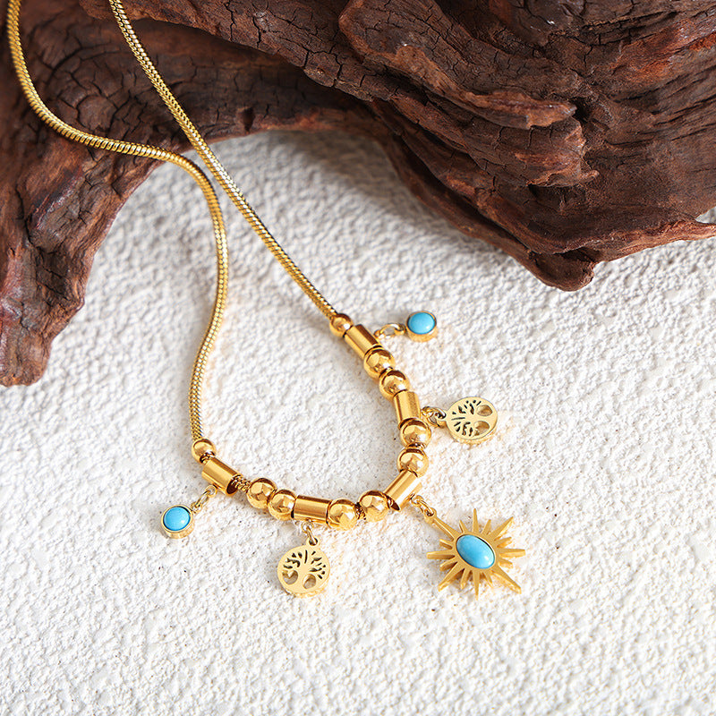 Turquoise Necklace - Vintage Sunflower Pendant, Layered Fashion Choker for Daily Wear