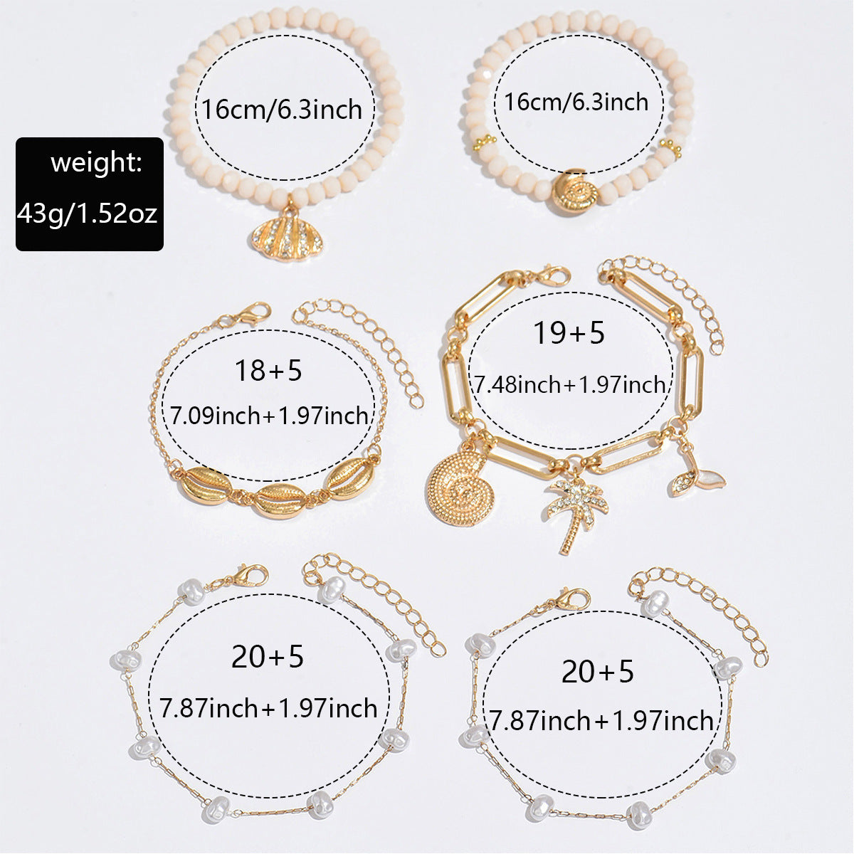 Bracelet Set - Cute Seashell and Pearl 5-Piece Stackable Bracelets