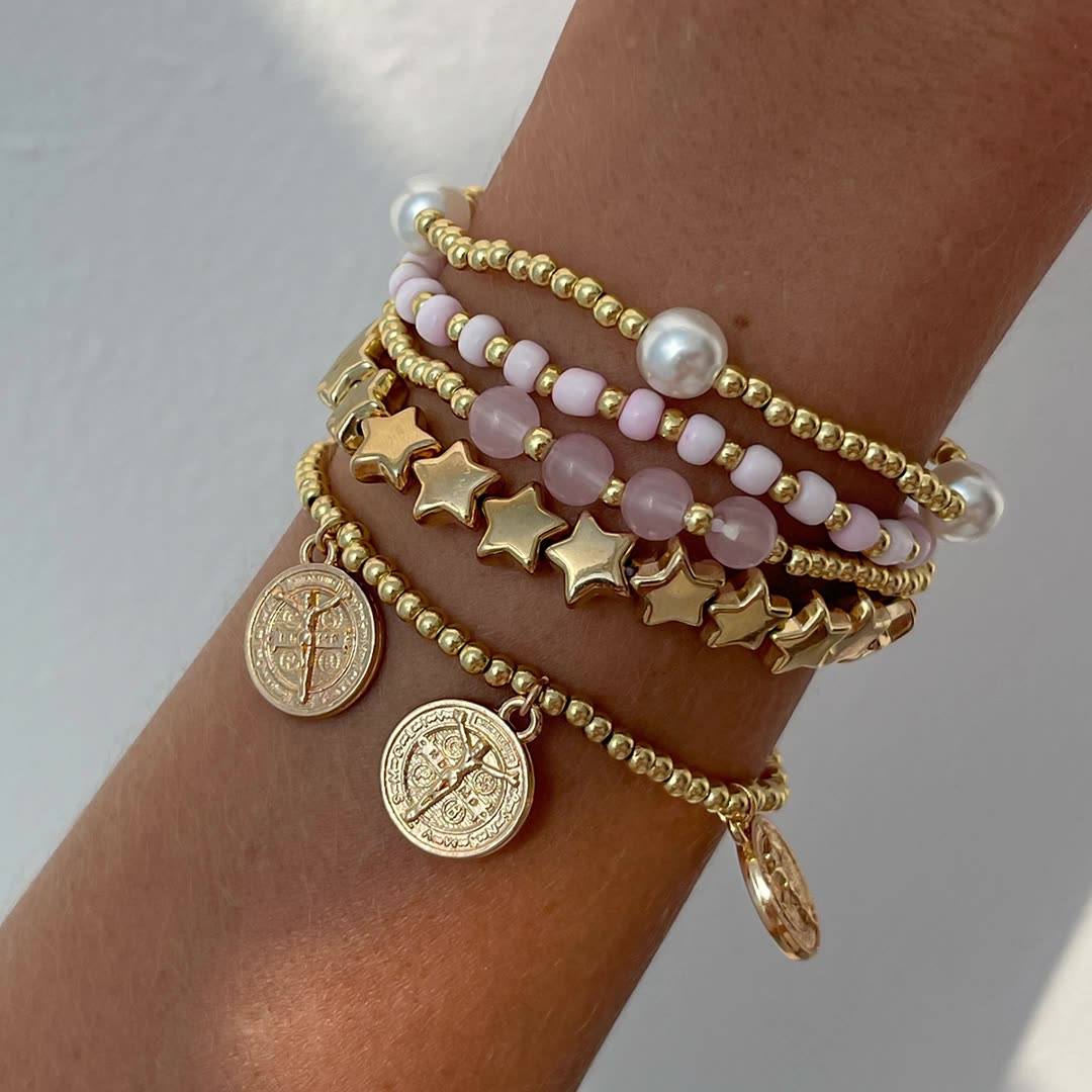 Boho Jewelry Set - Layered Elastic Beaded Bracelet with Star and Pearl Charms, Chic for School or Date