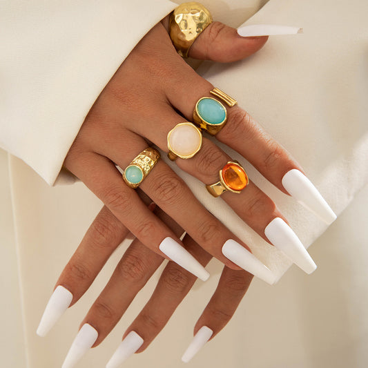Gemstone Jewelry - Geometric Irregular Alloy Ring Set 5-Piece for Parties