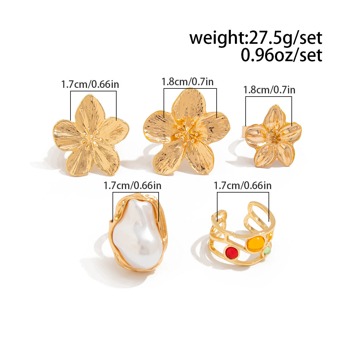 Pearl Ring Set: 6PC Baroque Flower Stacking Rings, Lightweight