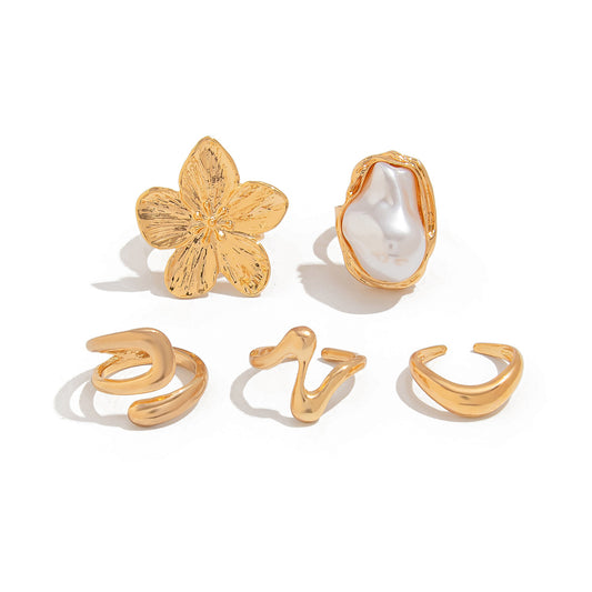 Pearl Ring Set: 6PC Baroque Flower Stacking Rings, Lightweight