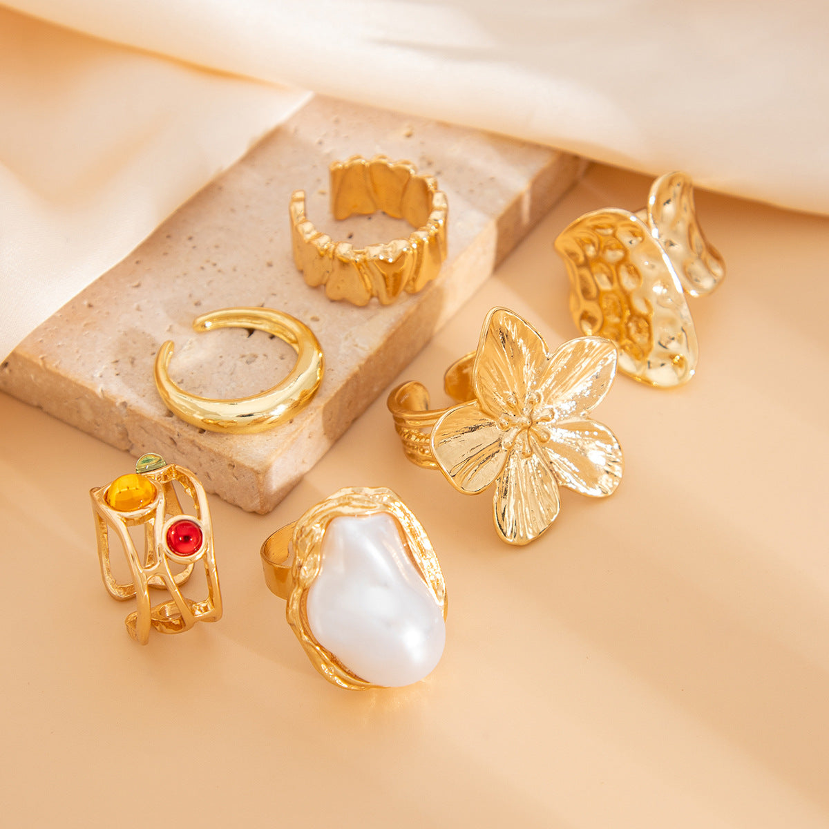 Pearl Ring Set: 6PC Baroque Flower Stacking Rings, Lightweight