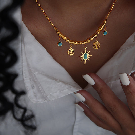 Turquoise Necklace - Vintage Sunflower Pendant, Layered Fashion Choker for Daily Wear