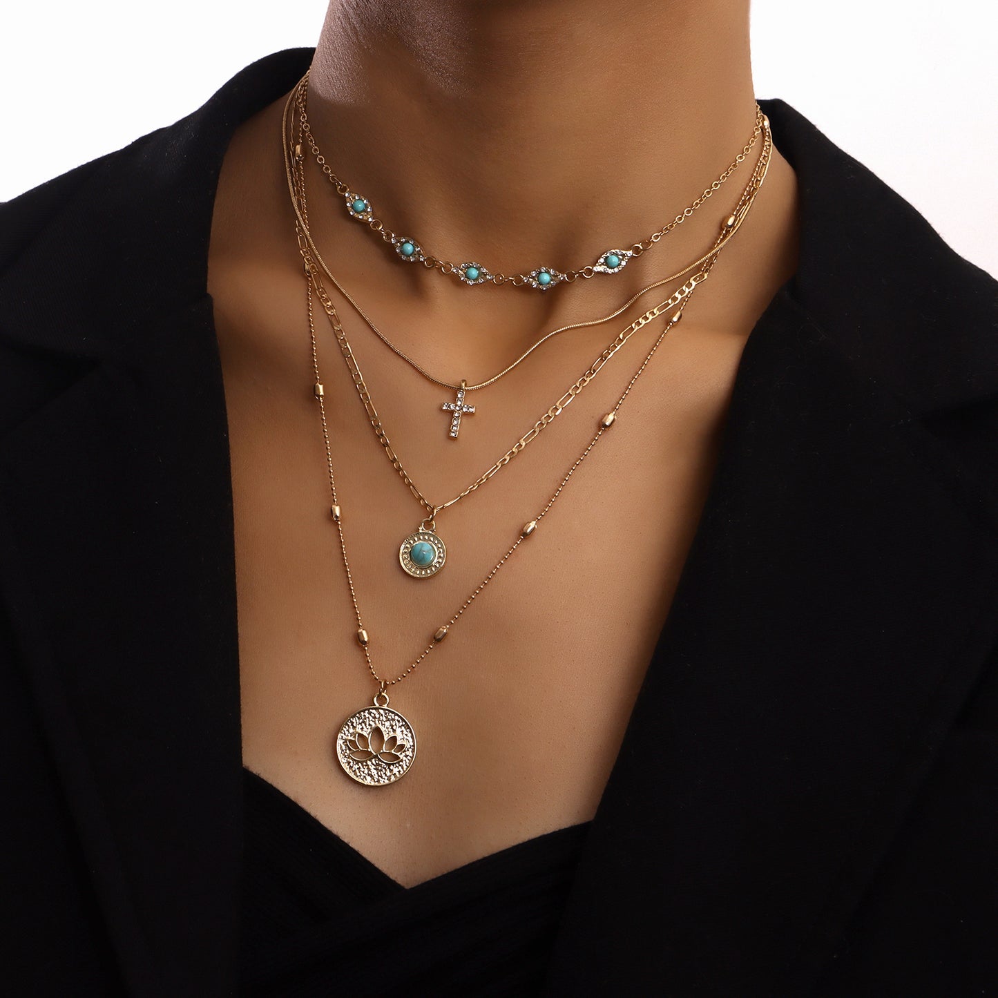 Layered Pendant Necklace - Chic Multi-Layer Style, Shiny Finish for Parties