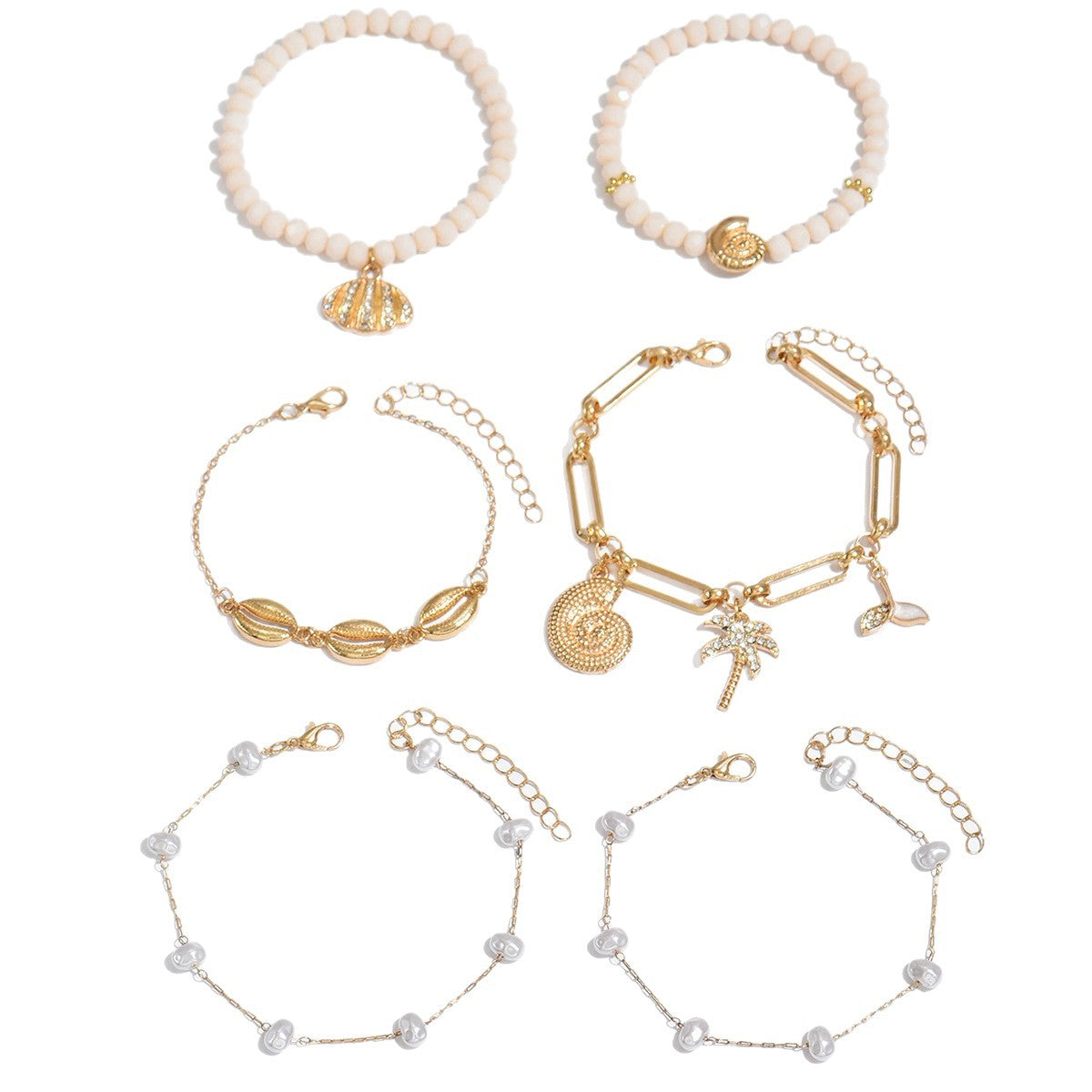 Bracelet Set - Cute Seashell and Pearl 5-Piece Stackable Bracelets