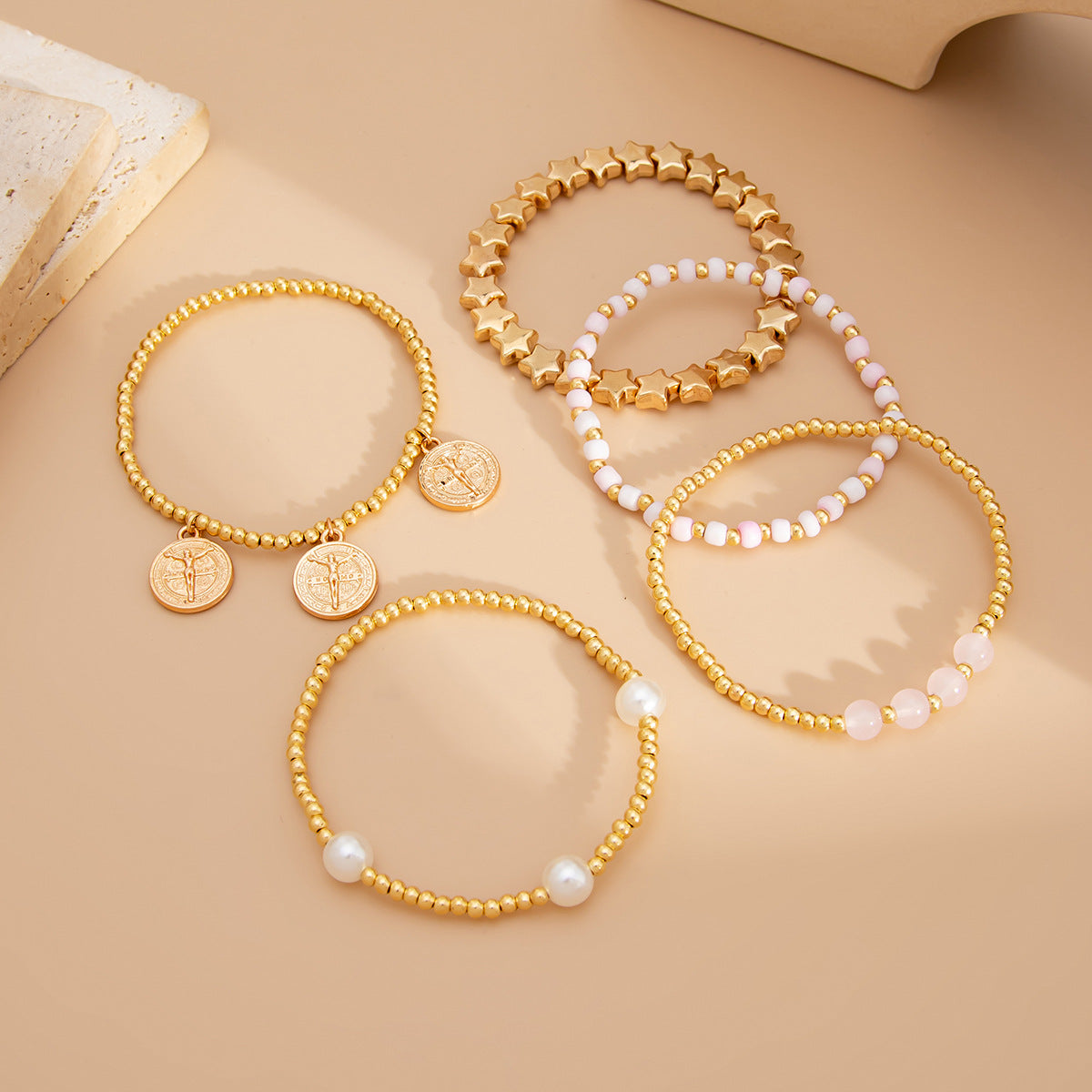 Boho Jewelry Set - Layered Elastic Beaded Bracelet with Star and Pearl Charms, Chic for School or Date