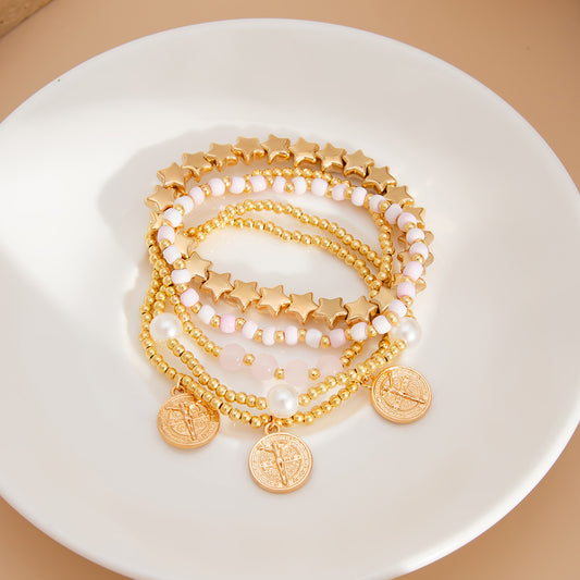 Boho Jewelry Set - Layered Elastic Beaded Bracelet with Star and Pearl Charms, Chic for School or Date