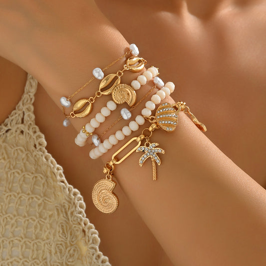 Bracelet Set - Cute Seashell and Pearl 5-Piece Stackable Bracelets